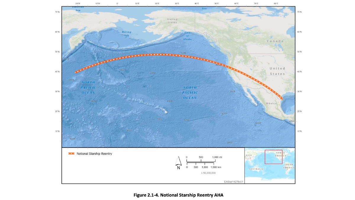 FAA map of a notional Starship reentry aircraft hazard area across the North Pacific and United States
