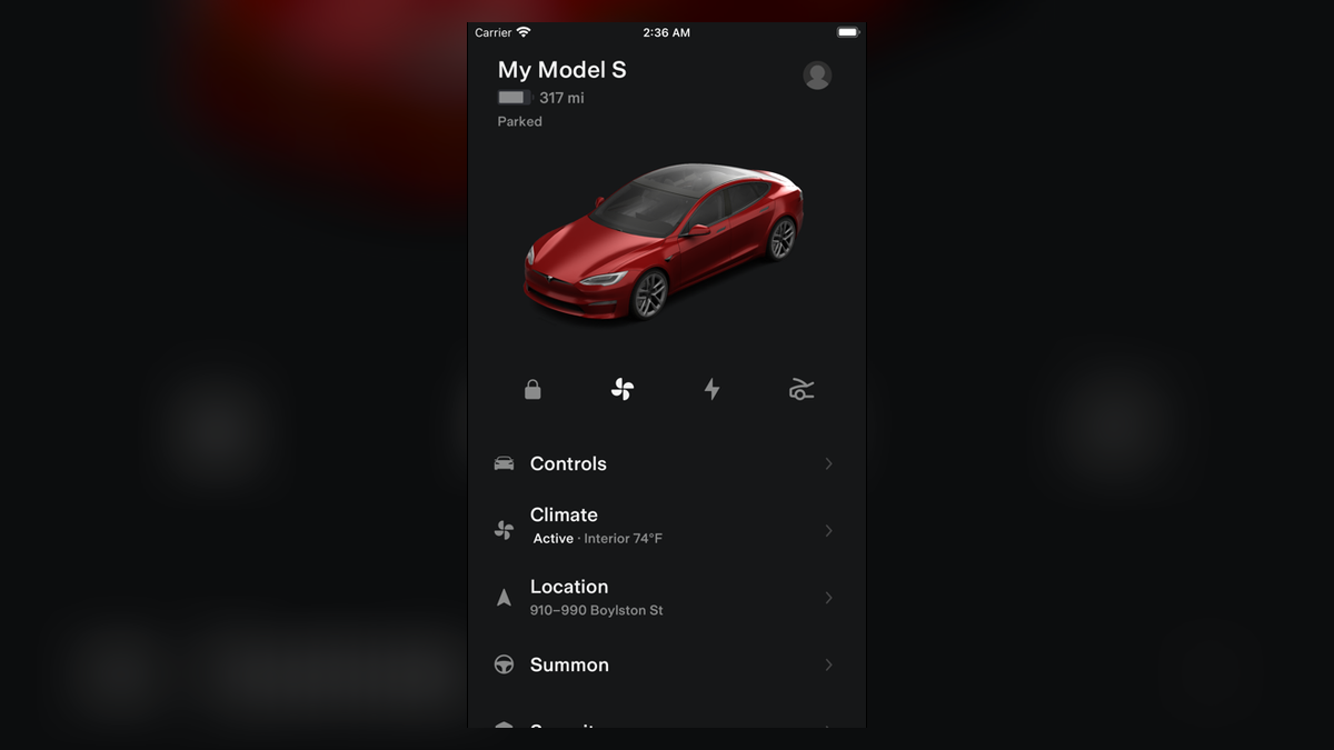Official Tesla App Store screenshot presented in a 1200 by 675 source-image layout
