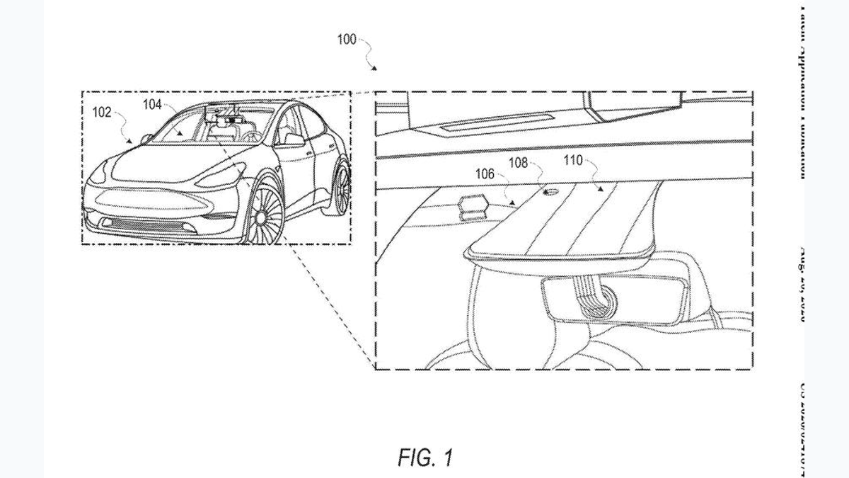 Tesla patent drawing showing windshield-mounted vehicle cameras and sensor housing