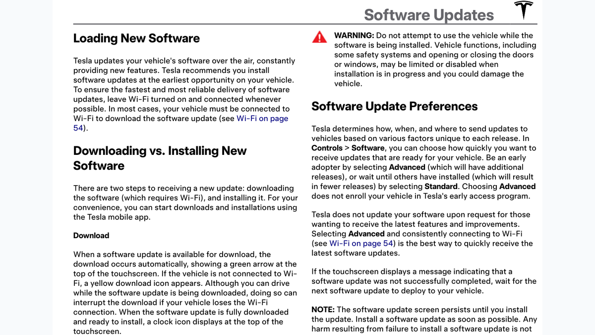 Tesla owner manual software update download and installation instructions