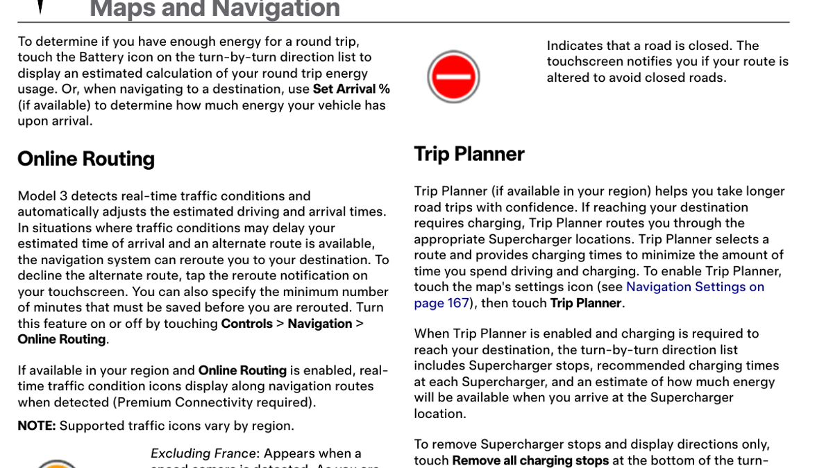 Tesla Model 3 owner manual explaining Trip Planner and arrival energy