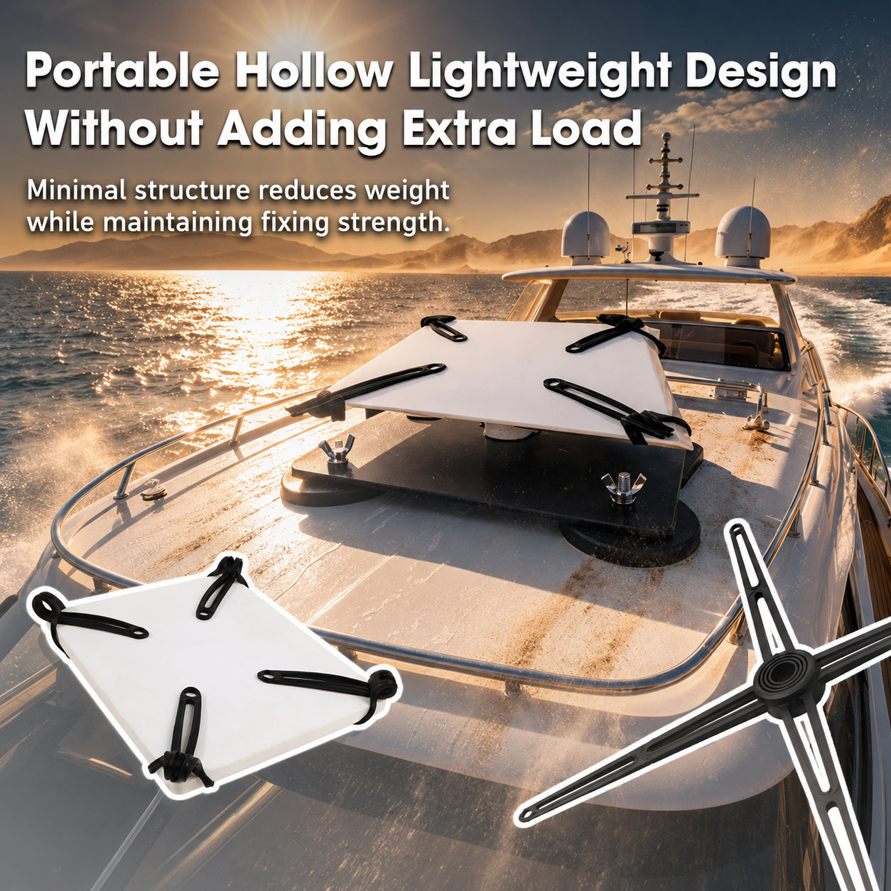 Black lightweight hollow silicone strap secures Starlink dish on a boat mount without adding extra load