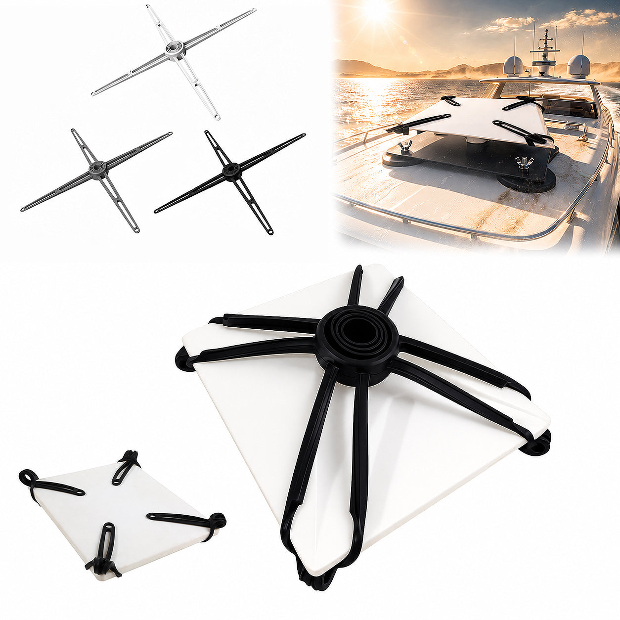 Black, gray and white Starlink silicone securing straps for portable outdoor and marine dish mounting