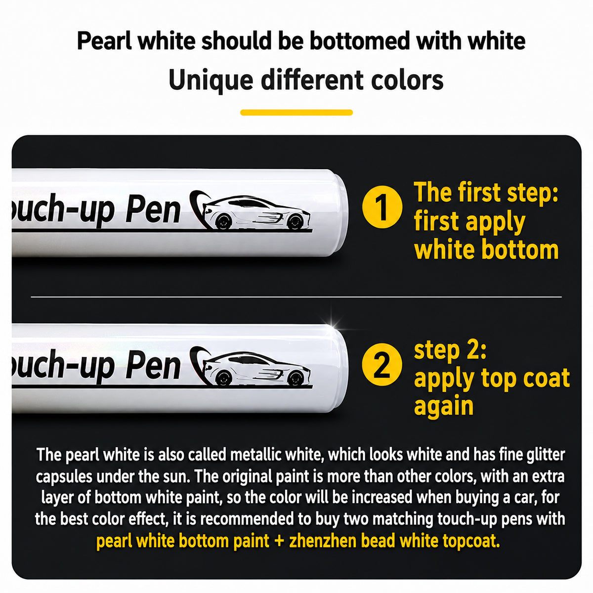 Car touch-up pen with instructions on pearl white application