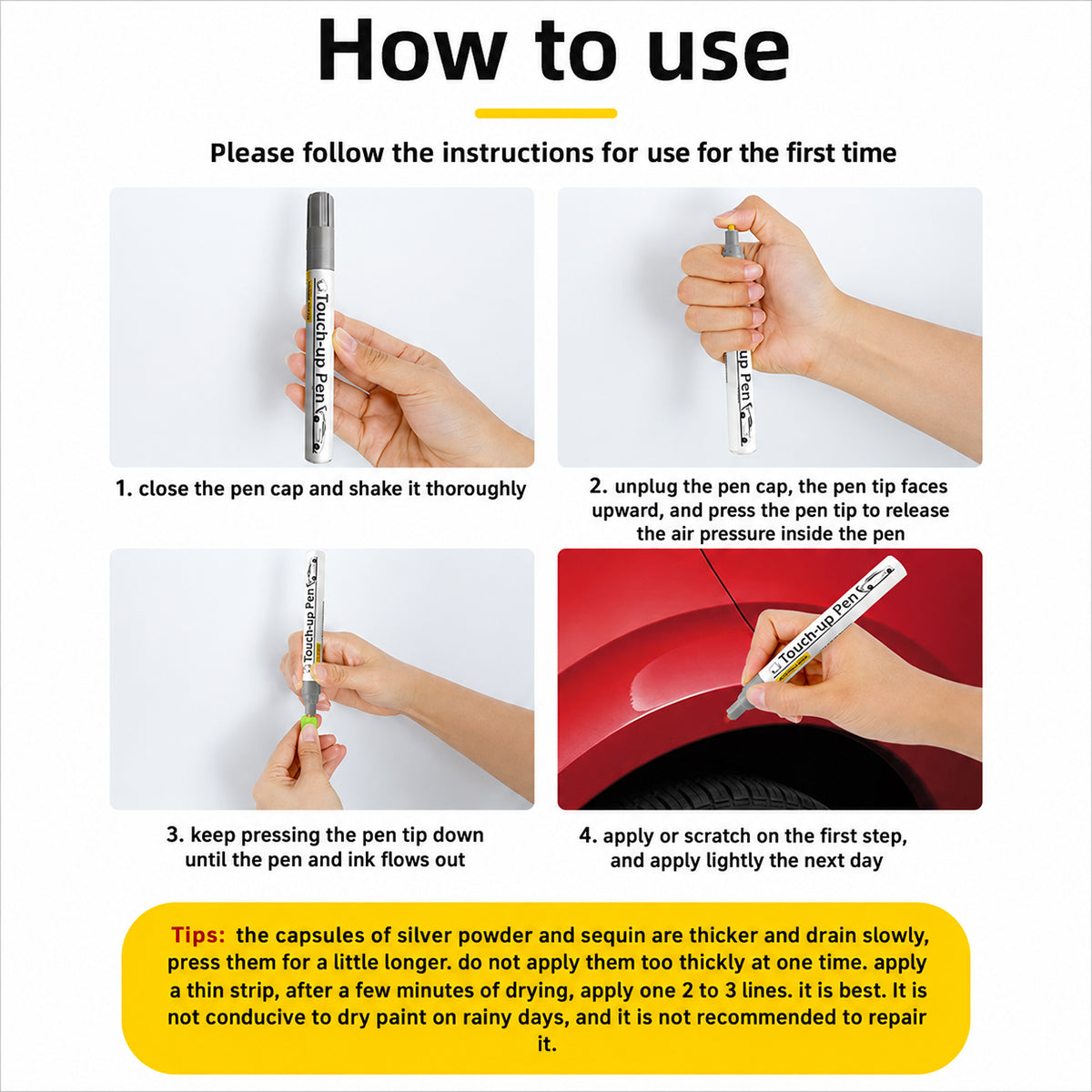 Instructions on how to use a pen with text and images of hands holding the pen.