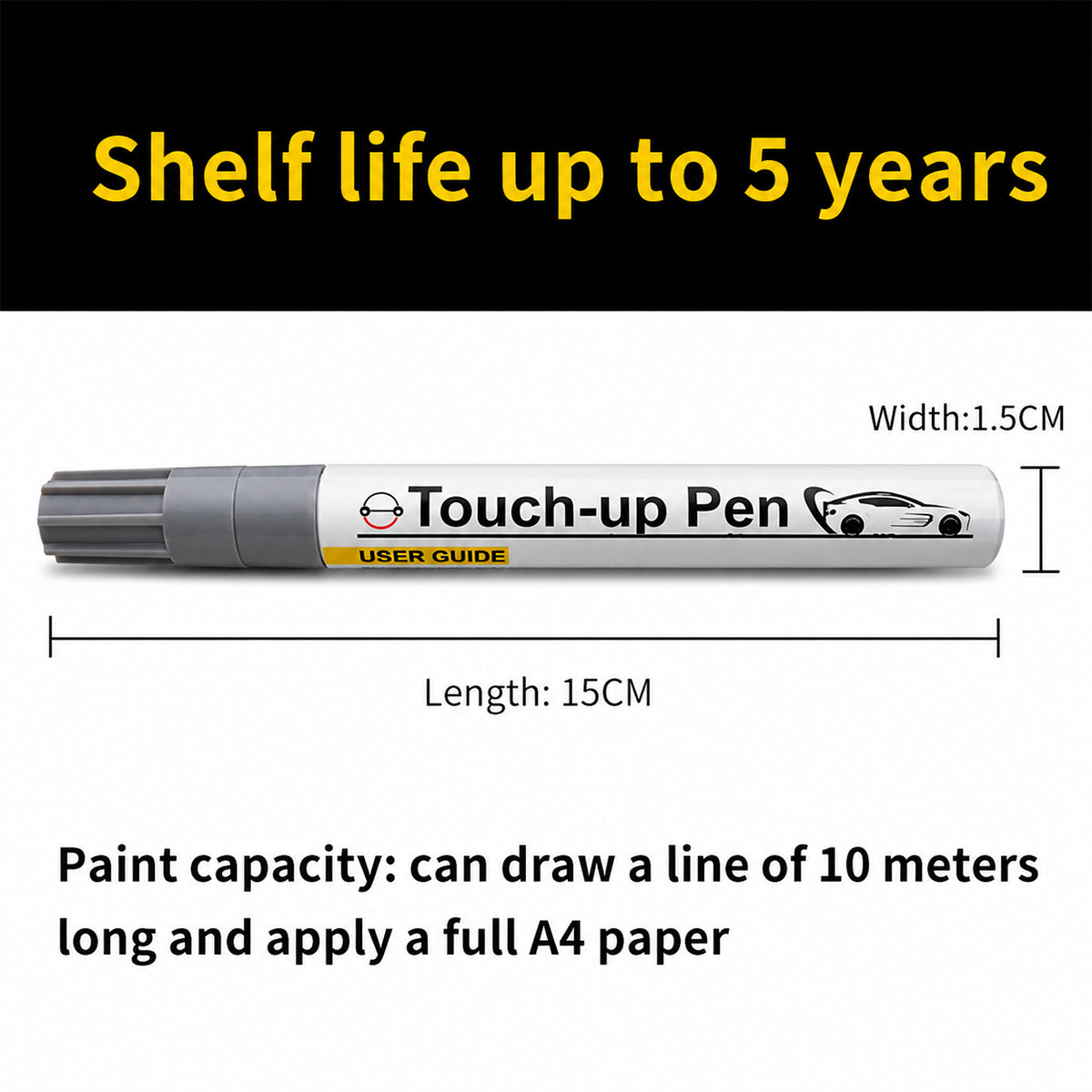 Touch-up pen with dimensions and shelf life information on a white background