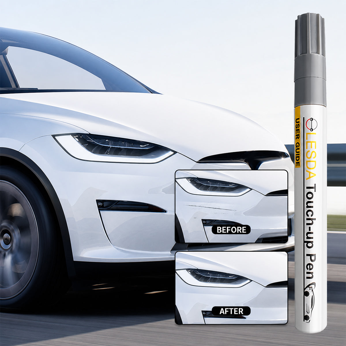Car touch-up pen with 'Before' and 'After' comparison on a white car