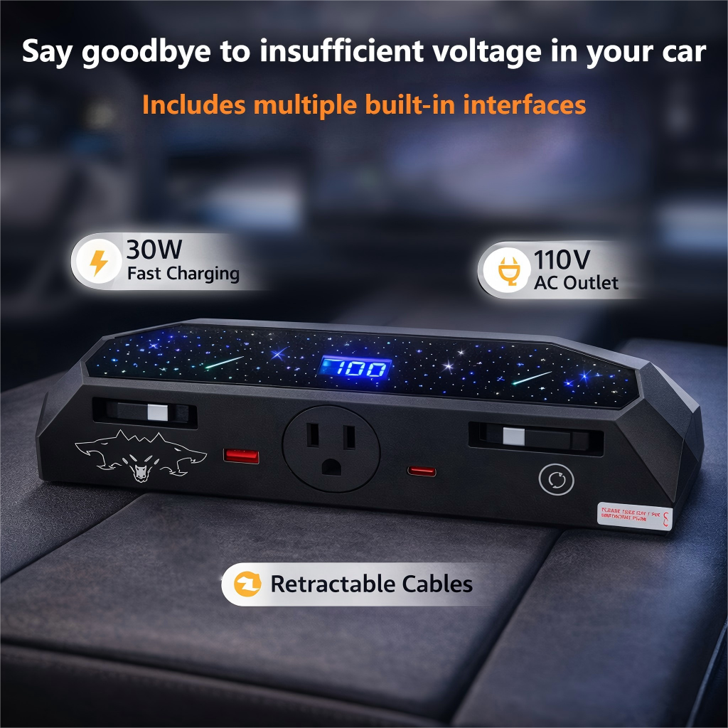 Center console USB Charger Hub 2.0 for Tesla Cybetruck with 110V AC Outlet & Retractable Cables - Seamless Integration, 30W PD/QC3.0 Fast Phone Charge