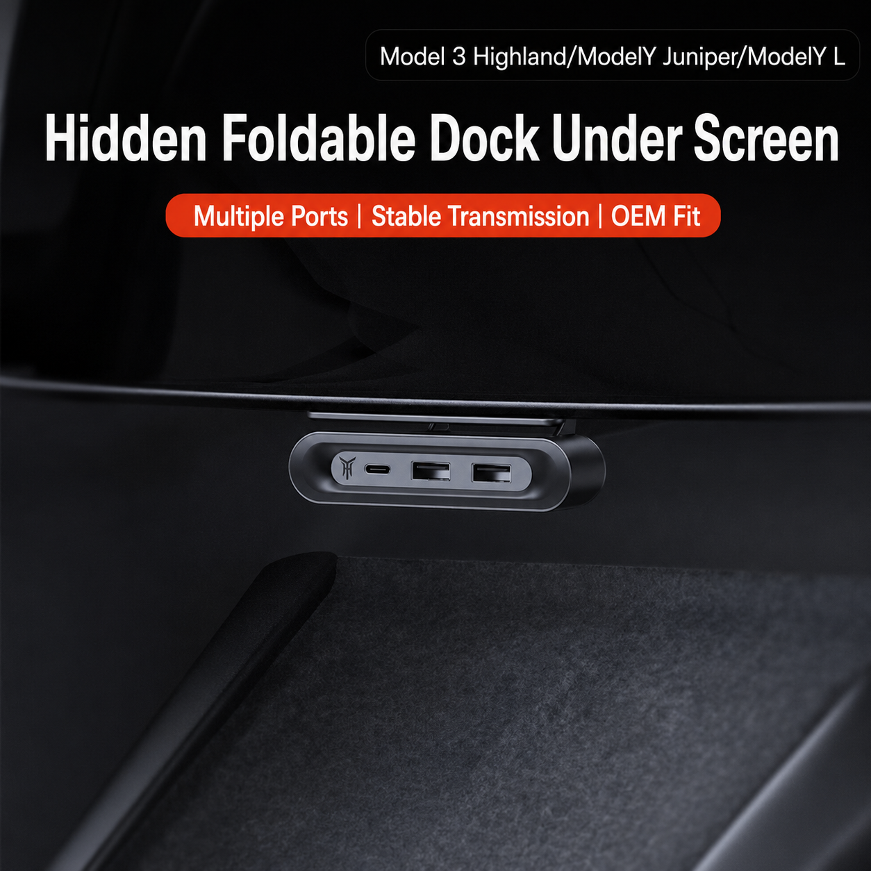 Fold-Away Hidden 3-Port Charging Dock for Tesla Model 3 Highland / Model Y Juniper / Model Y L
