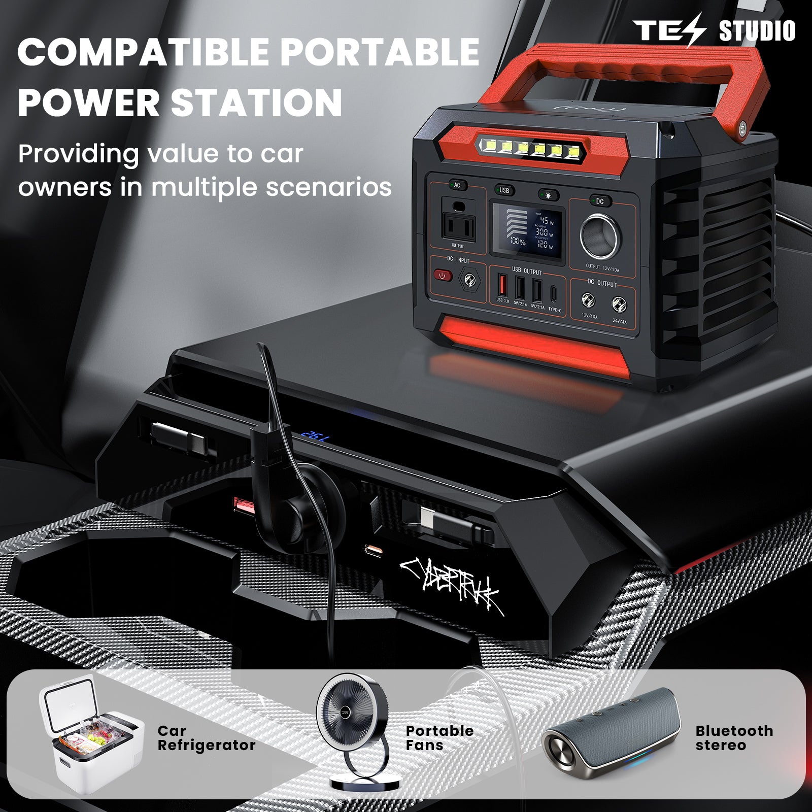 Tesla Cybertruck Center Console 110V/USB Charger Hub Outlet With 110V(AC)/5V Tesstudio®