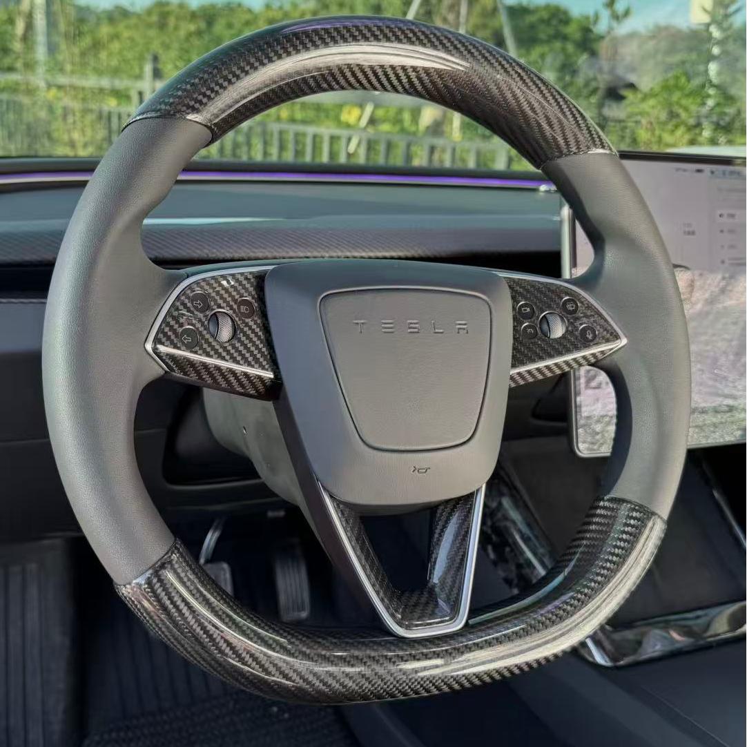 [Real Carbon Fiber ]Steering Wheel Covers Upper & Lower Parts (2pcs) For Tesla Model 3/3 Highland / Y / Y Junpier