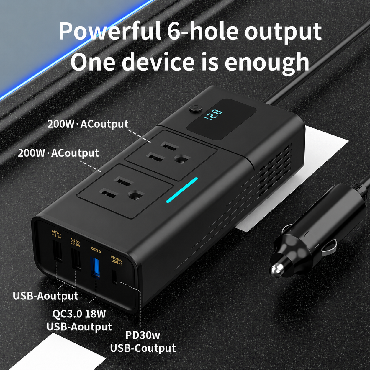 200W Car Power Inverter for Tesla, 12V DC to 110V AC Converter with PD 3.0 Fast Charging