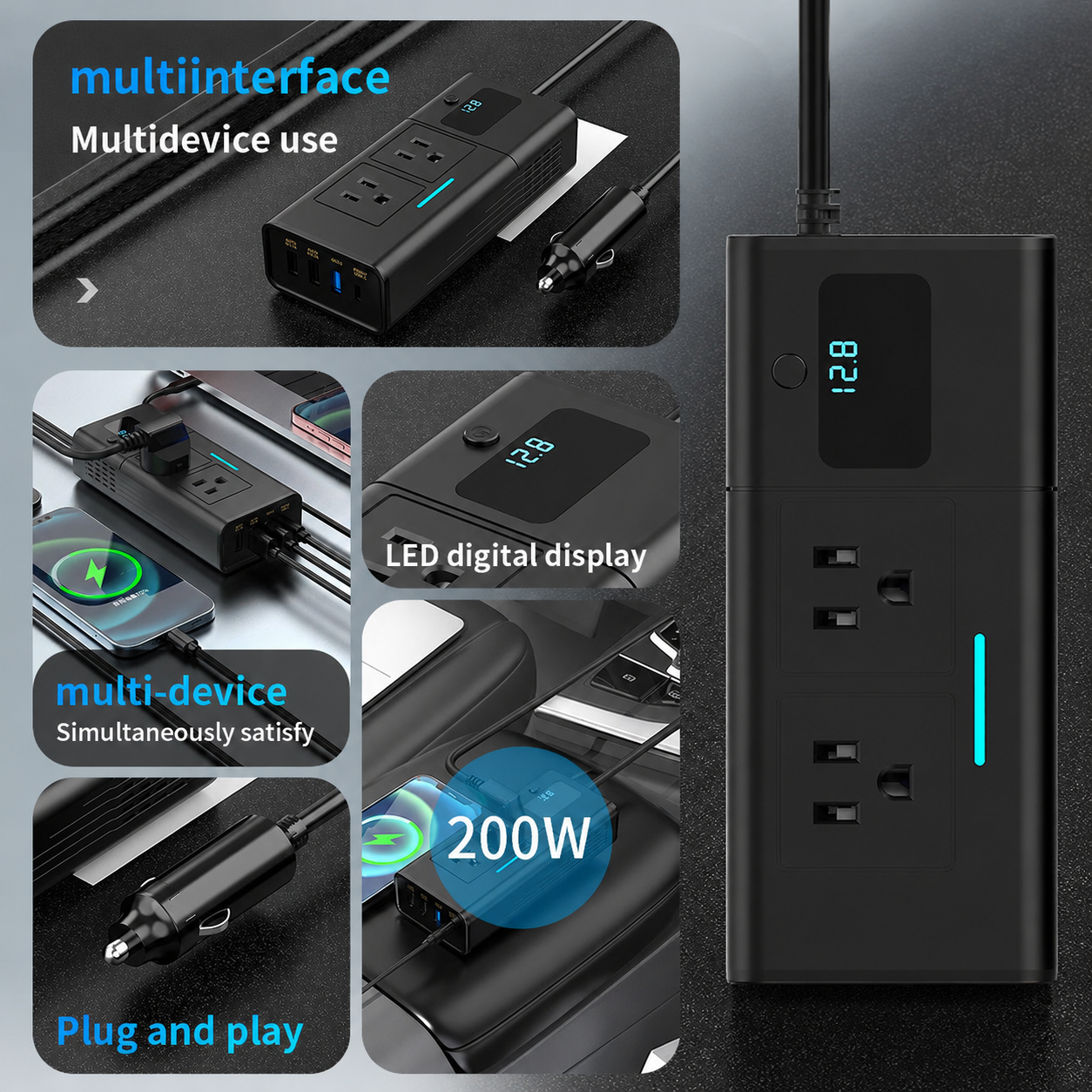 200W Car Power Inverter for Tesla, 12V DC to 110V AC Converter with PD 3.0 Fast Charging