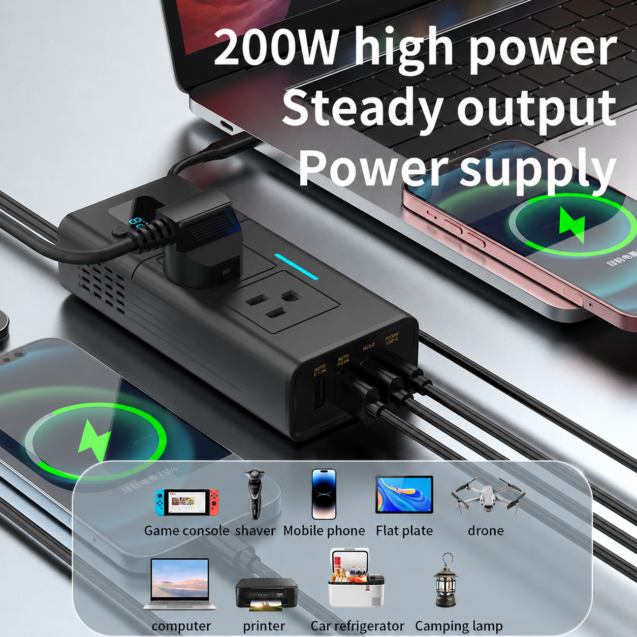 200W Car Power Inverter for Tesla, 12V DC to 110V AC Converter with PD 3.0 Fast Charging