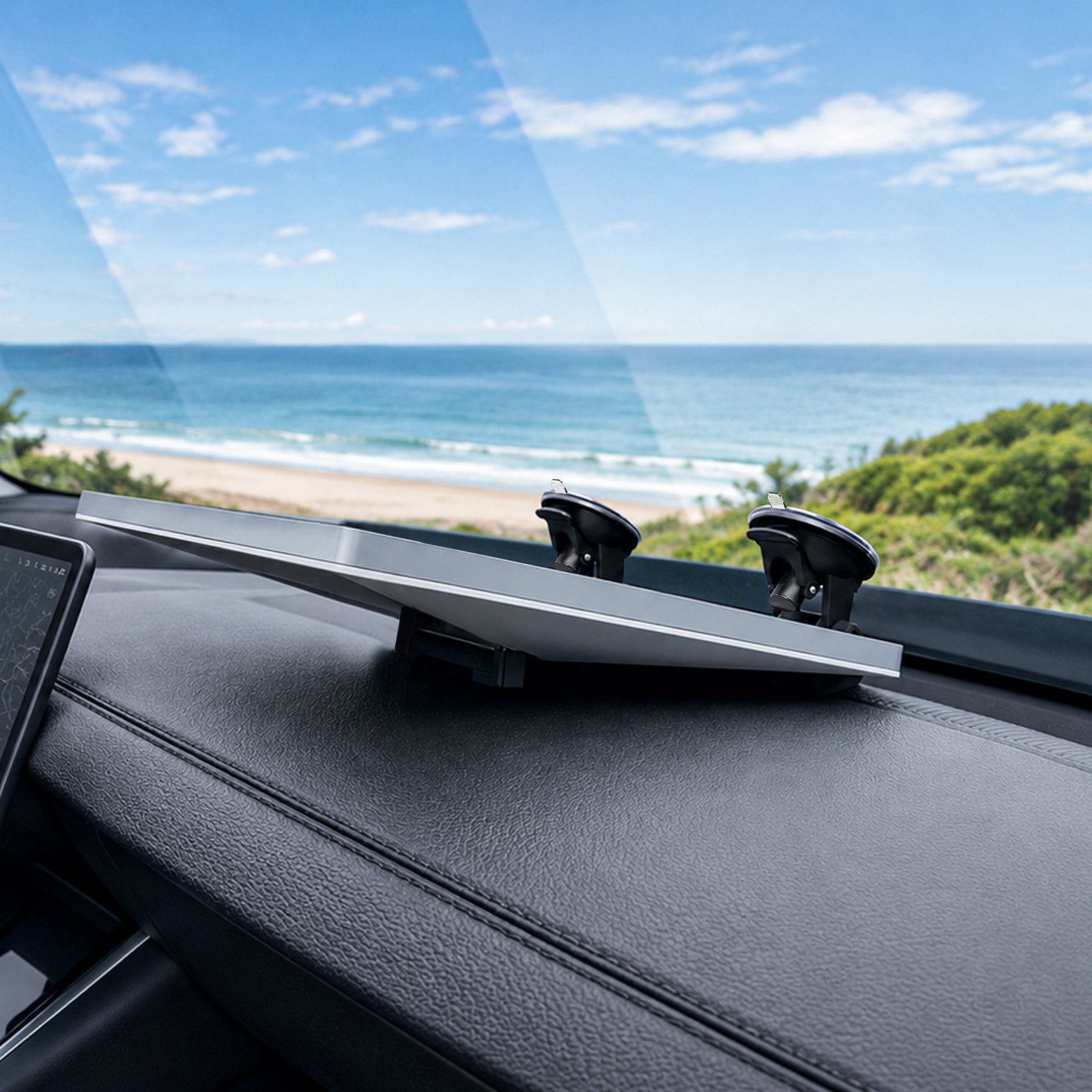 Side view of Starlink Mini dashboard support mount held by windshield suction cups