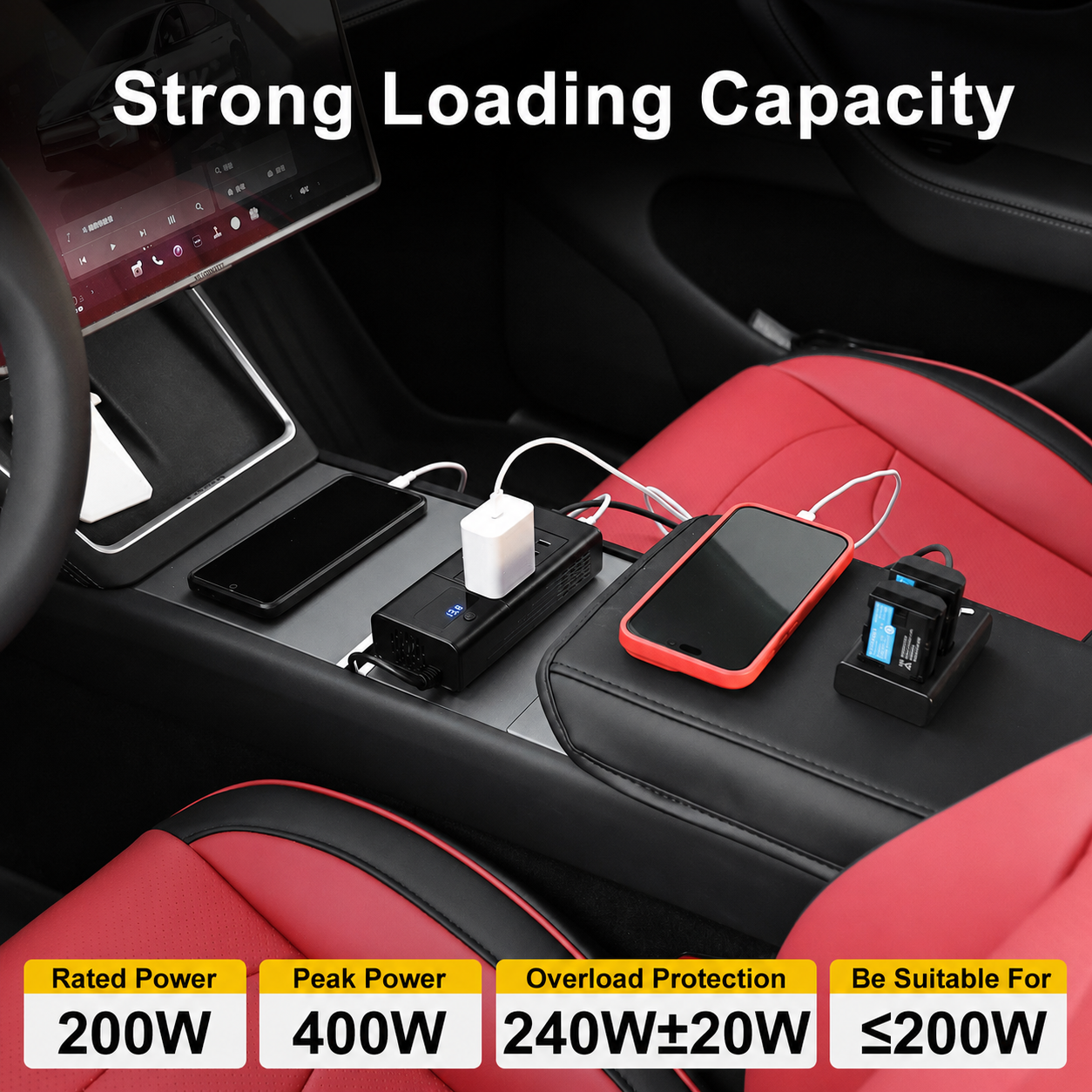 200W Car Power Inverter for Tesla, 12V DC to 110V AC Converter with PD 3.0 Fast Charging