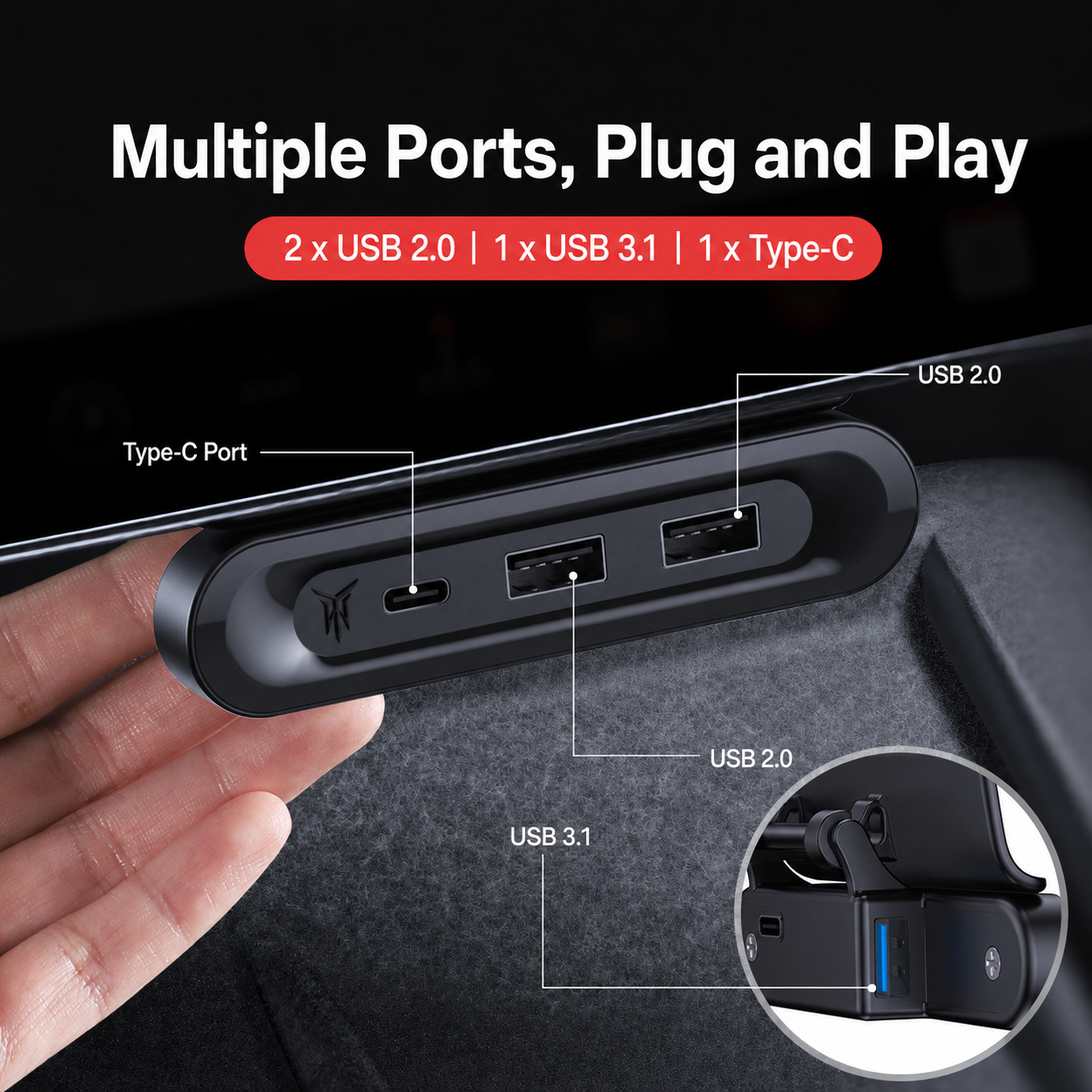 Fold-Away Hidden 3-Port Charging Dock for Tesla Model Y L 2025.11+