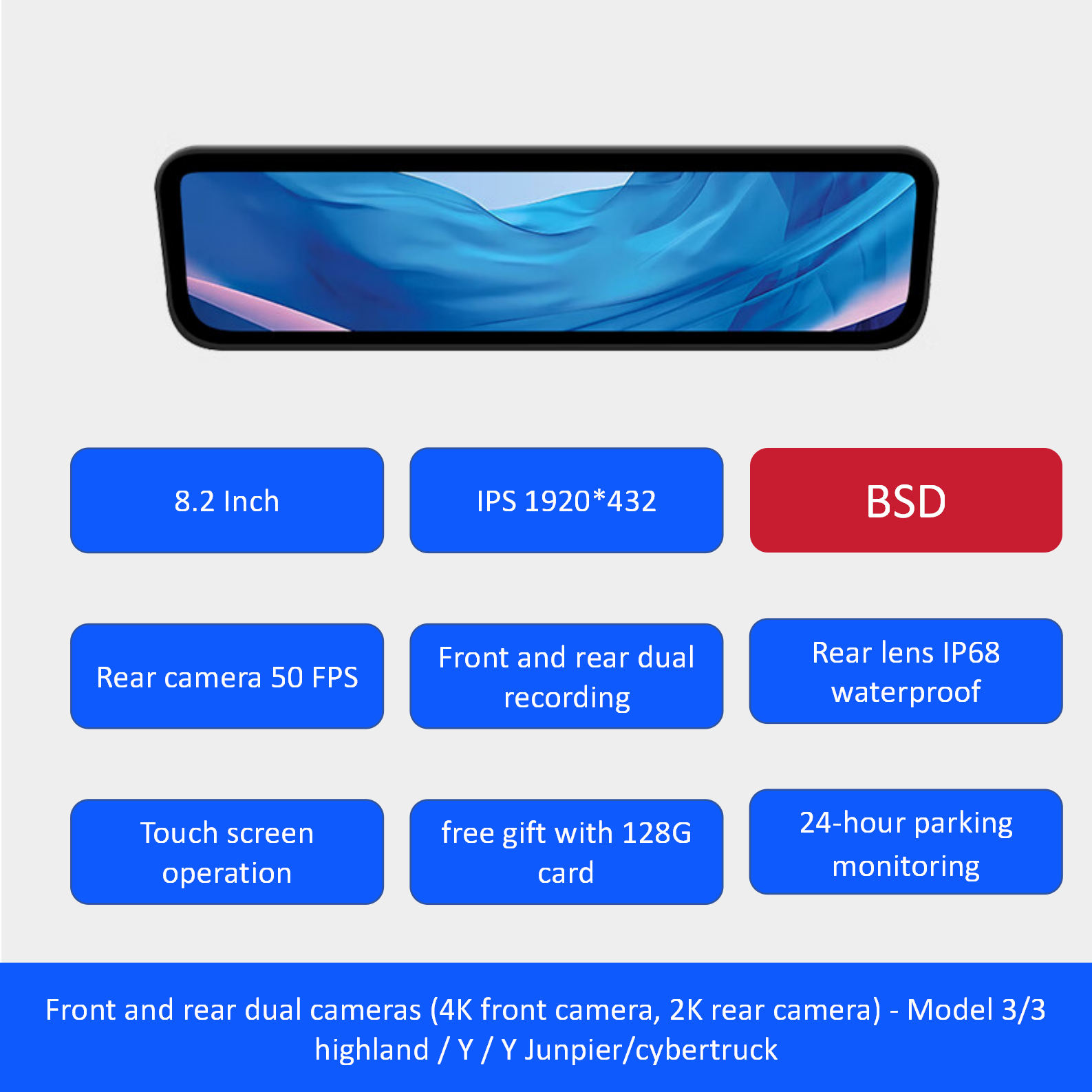 S82 Pro 2/4K HD 8.2Inch Streaming Rearview Mirror With BSD For Tesla Model 3/3 Highland/ Y / Y Juniper