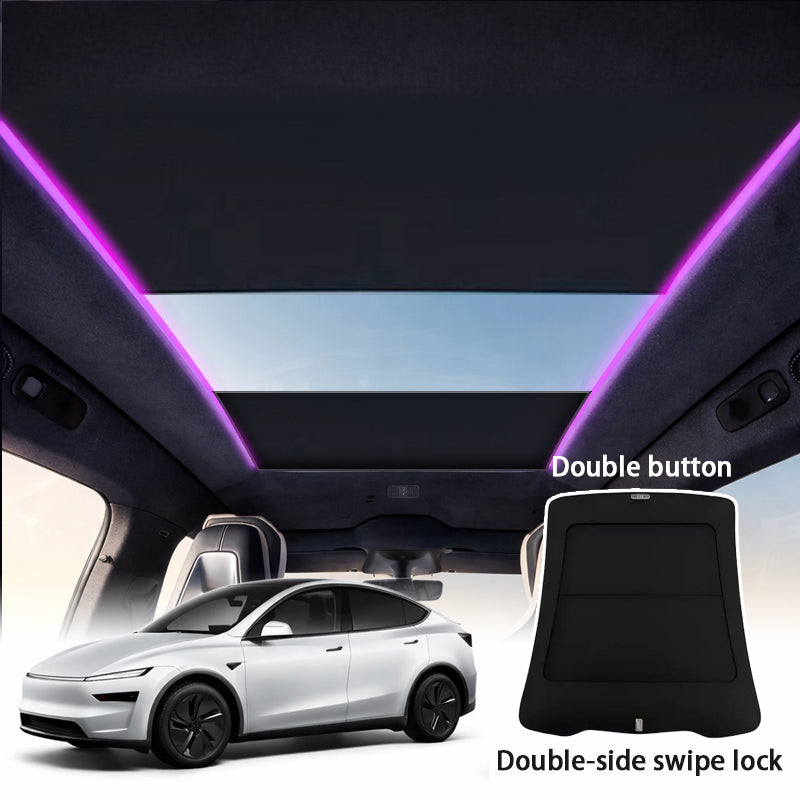 Tesla Model Y retractable roof shade material detail – blocks harmful rays and reduces cabin heat