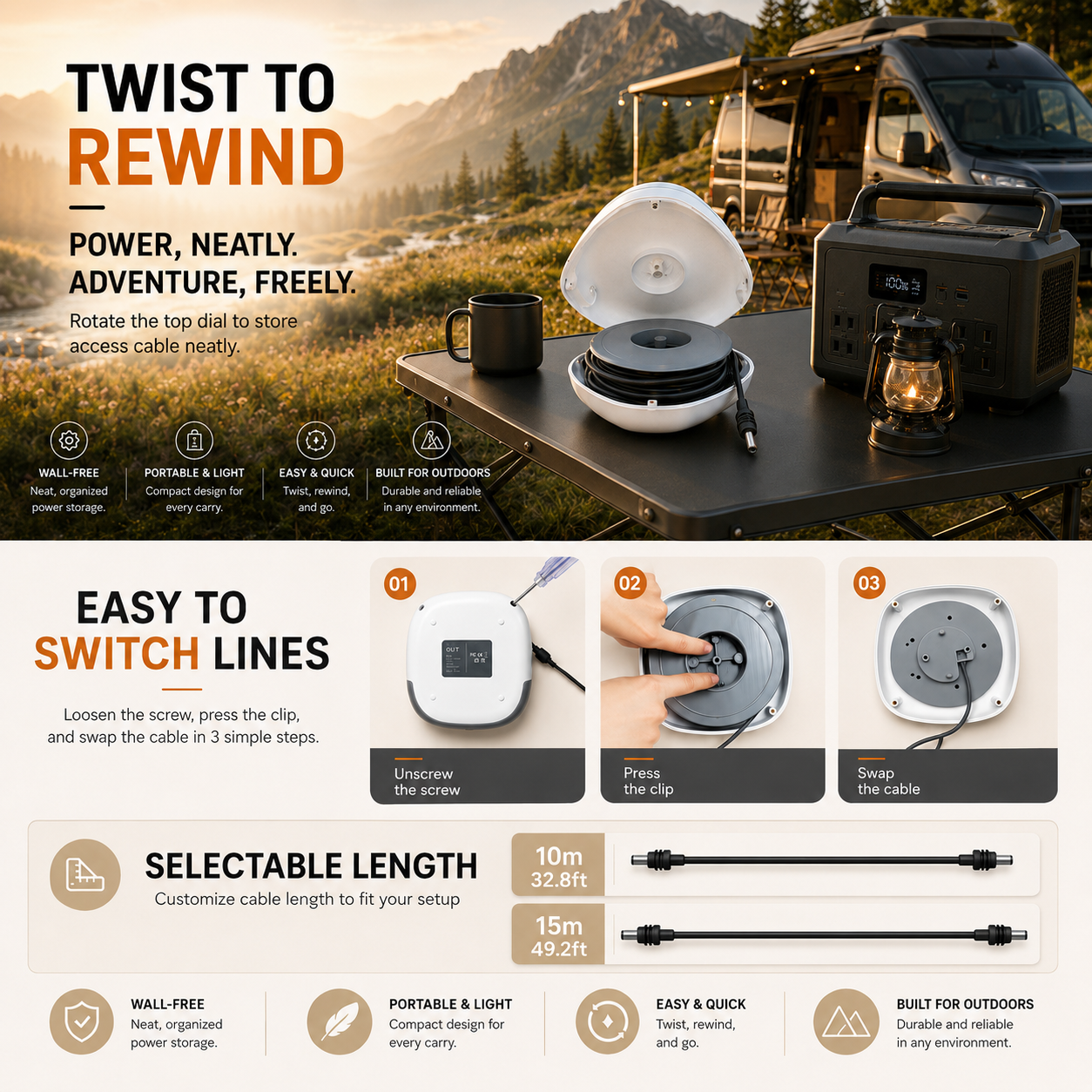 Twist-to-rewind cable reel organizer with switchable cable design and 10m or 15m length options