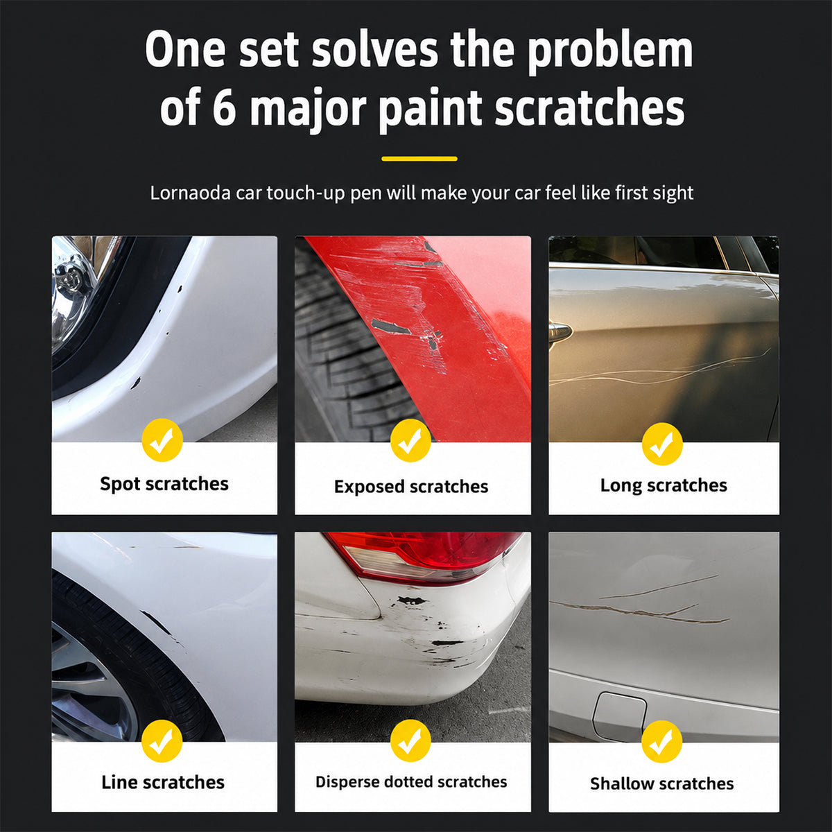 Advertisement for Lornada car touch-up pen showing its effectiveness on various car paint scratches.