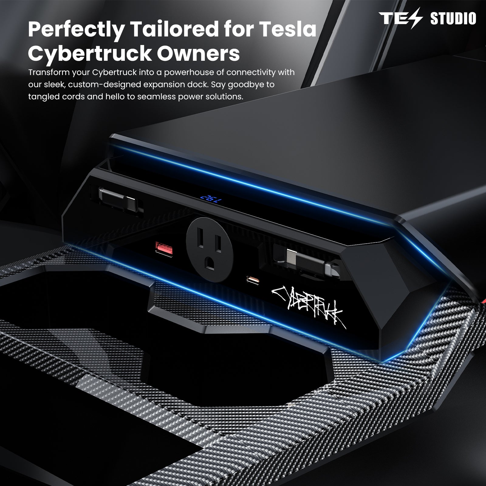 Tesla Cybertruck Docking Drawer Blade In-Drawer Outlet With 110v AC Tesla Cybertruck Accessories Tesstudio®