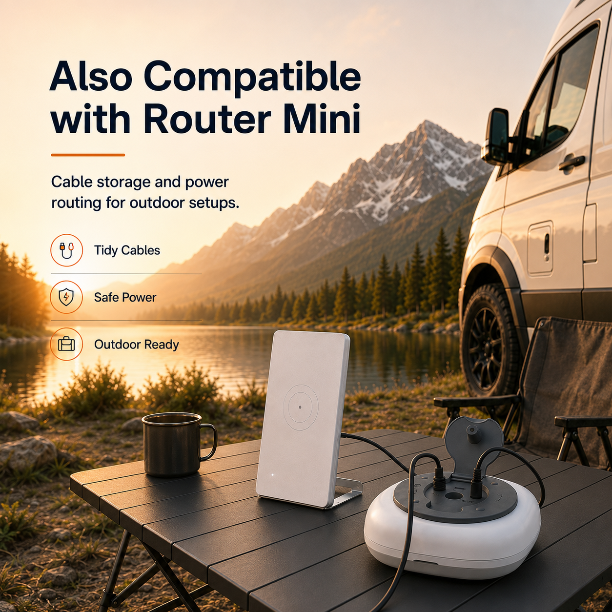 Cable storage and power routing hub compatible with Router Mini for outdoor network setups