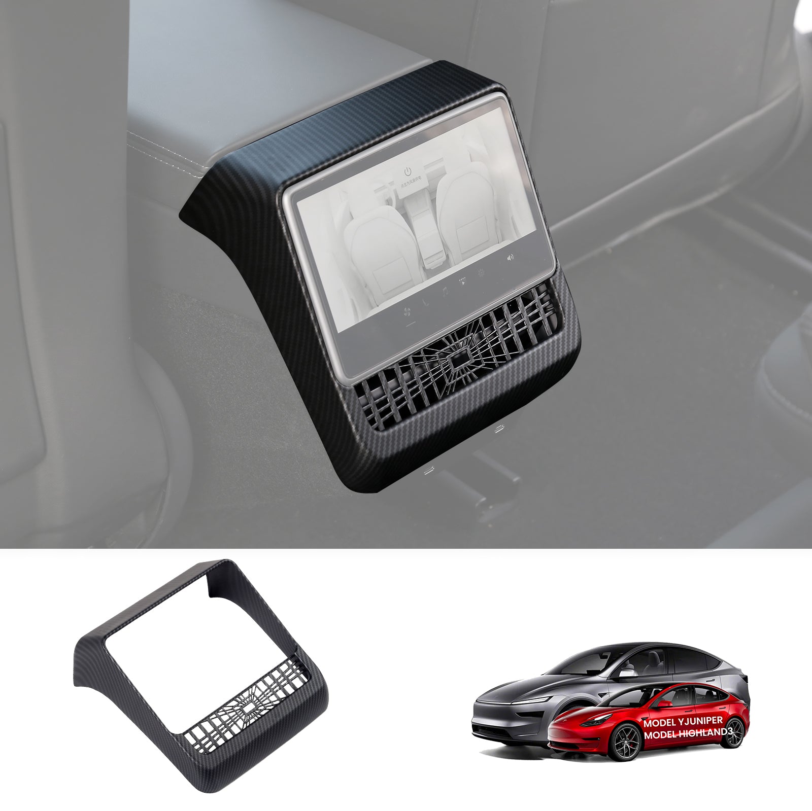 2026 Plaid Rear Air Vent Screen Protector Frame (Carbon Fiber Pattern ABS) For Tesla Model 3 Highland /Y Juniper