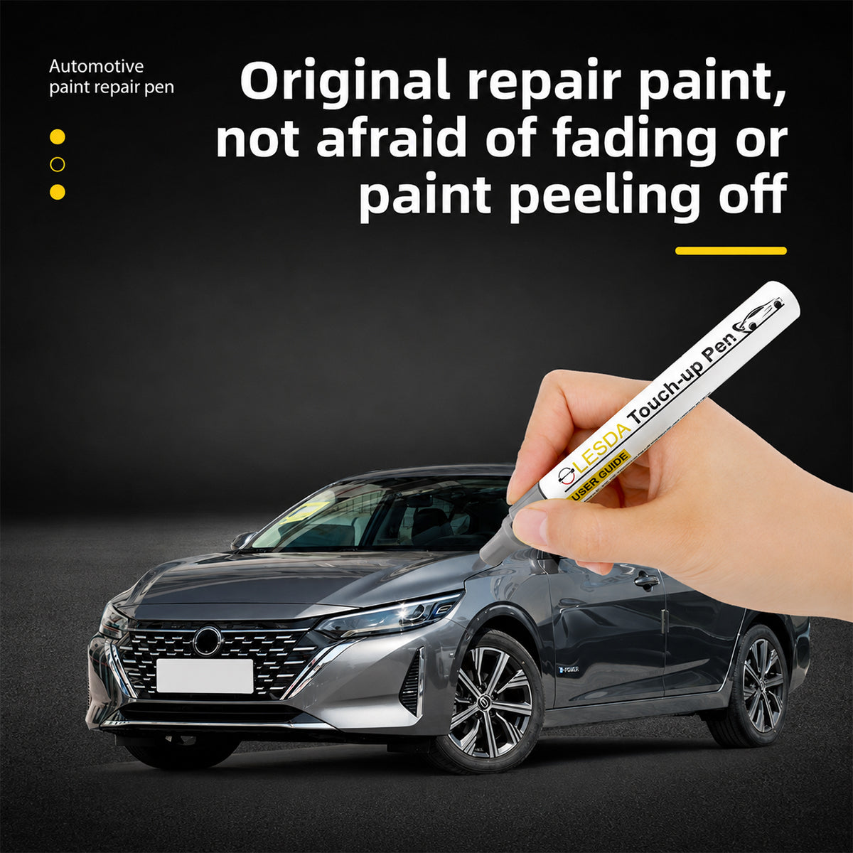 Hand holding a car paint repair pen with a car in the background