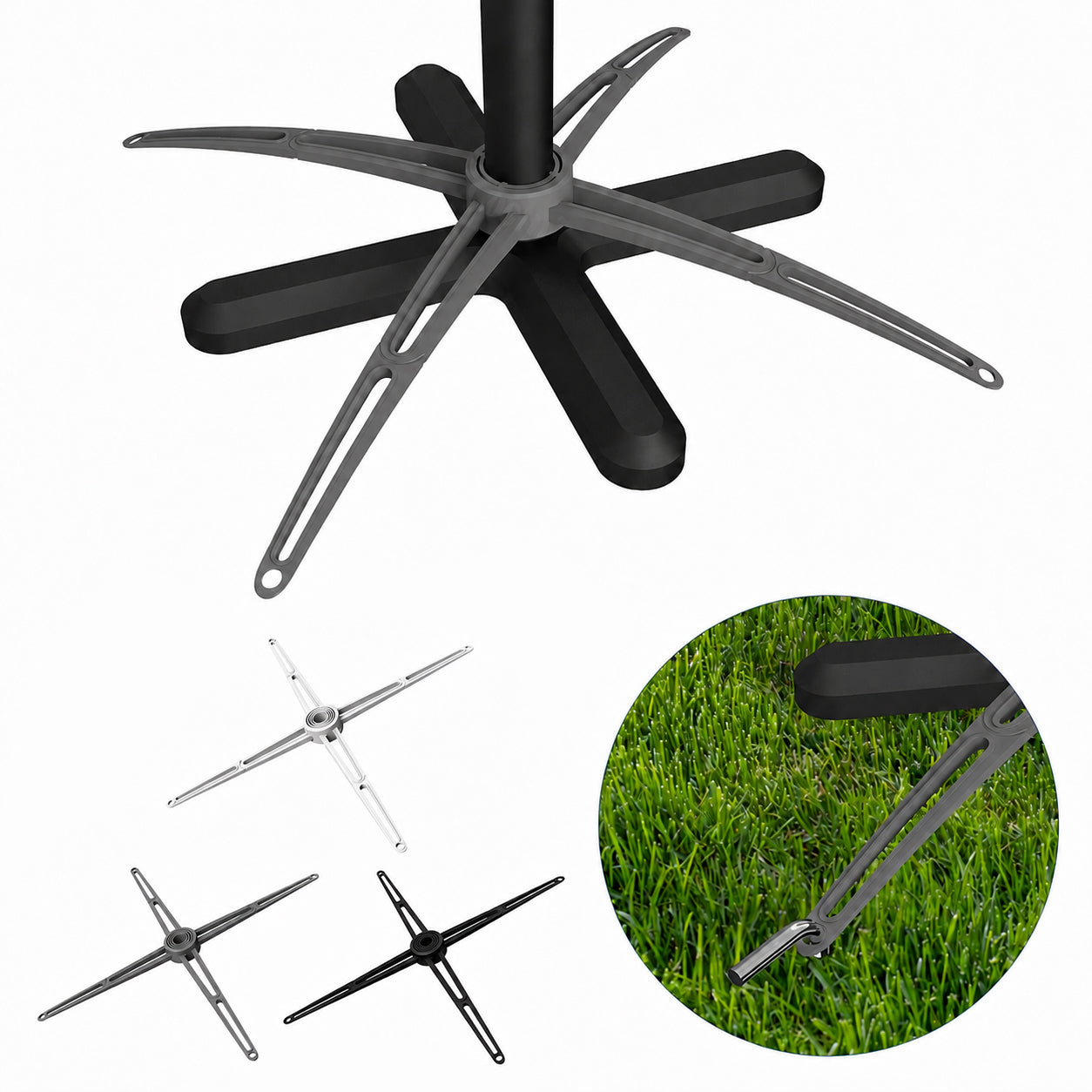 Gray Starlink securing strap supports stand-to-ground reinforcement with stake holes for outdoor stability