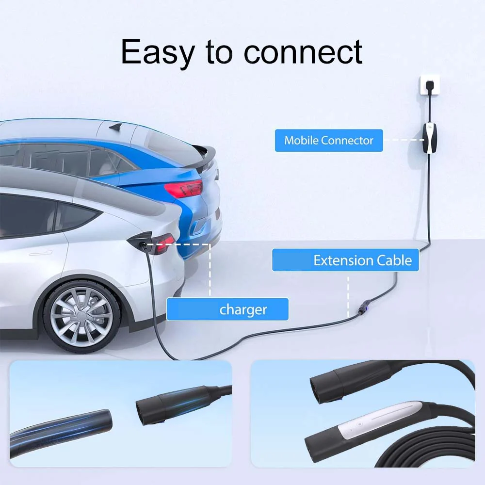 Tesla Model 3 / Y / S / X 48A EV Charging Extension Cable | One-Button Switch NACS 16FT