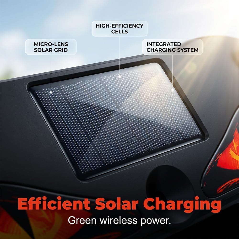 Close-up of solar charging panel on LED eye car light with high-efficiency cells