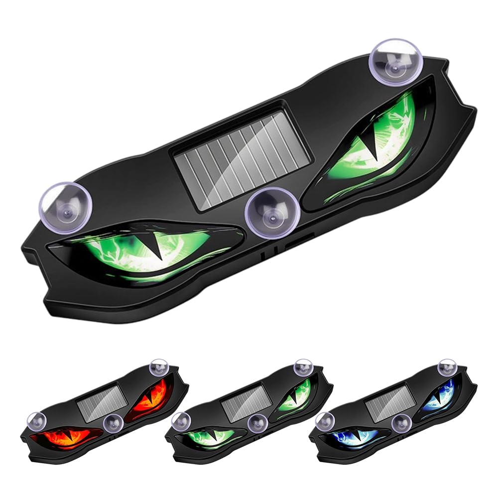 Green solar LED eye car light shown with red, blue and green color options