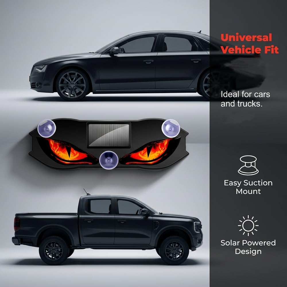 Universal solar LED eye car light with suction cup mount for cars, SUVs and trucks