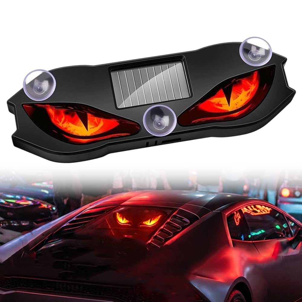 Red solar LED eye car light with solar panel and suction cups for windshield or side window display