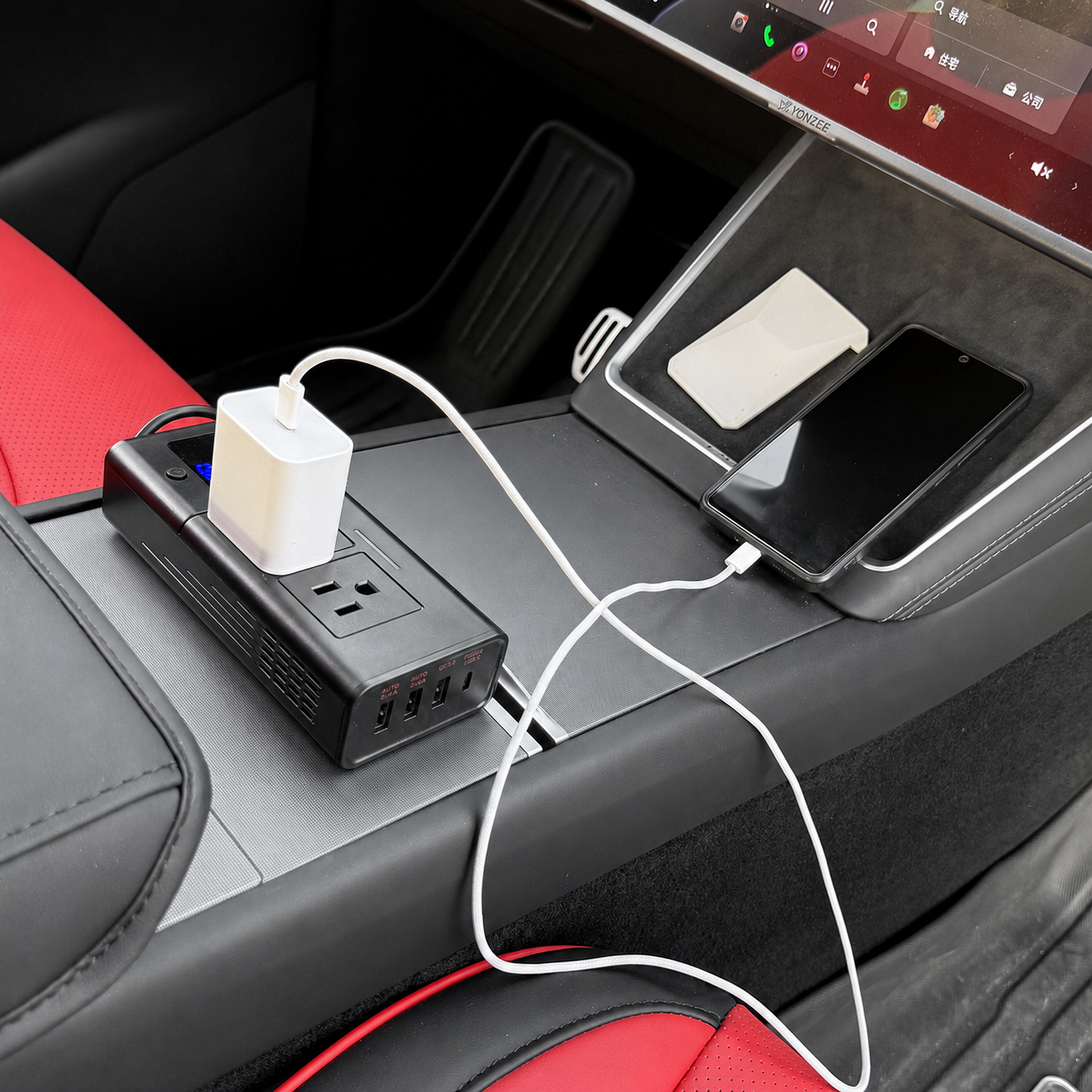 200W Car Power Inverter for Tesla, 12V DC to 110V AC Converter with PD 3.0 Fast Charging