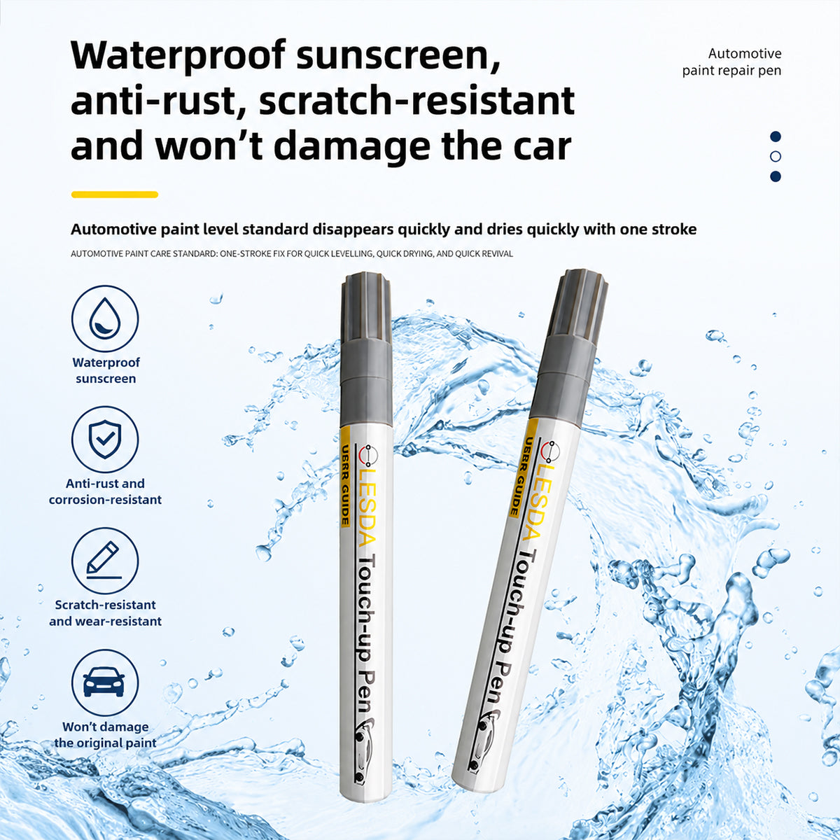 Automotive paint repair pen with water splash background and product features listed.