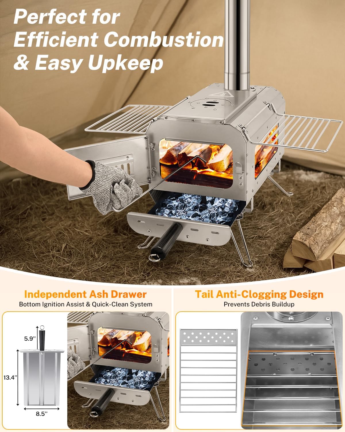 Portable Wood Burning Camping Stove with Ash Drawer & Large Firebox for Tent, Outdoor, Heating, Cooking, Ice Fishing