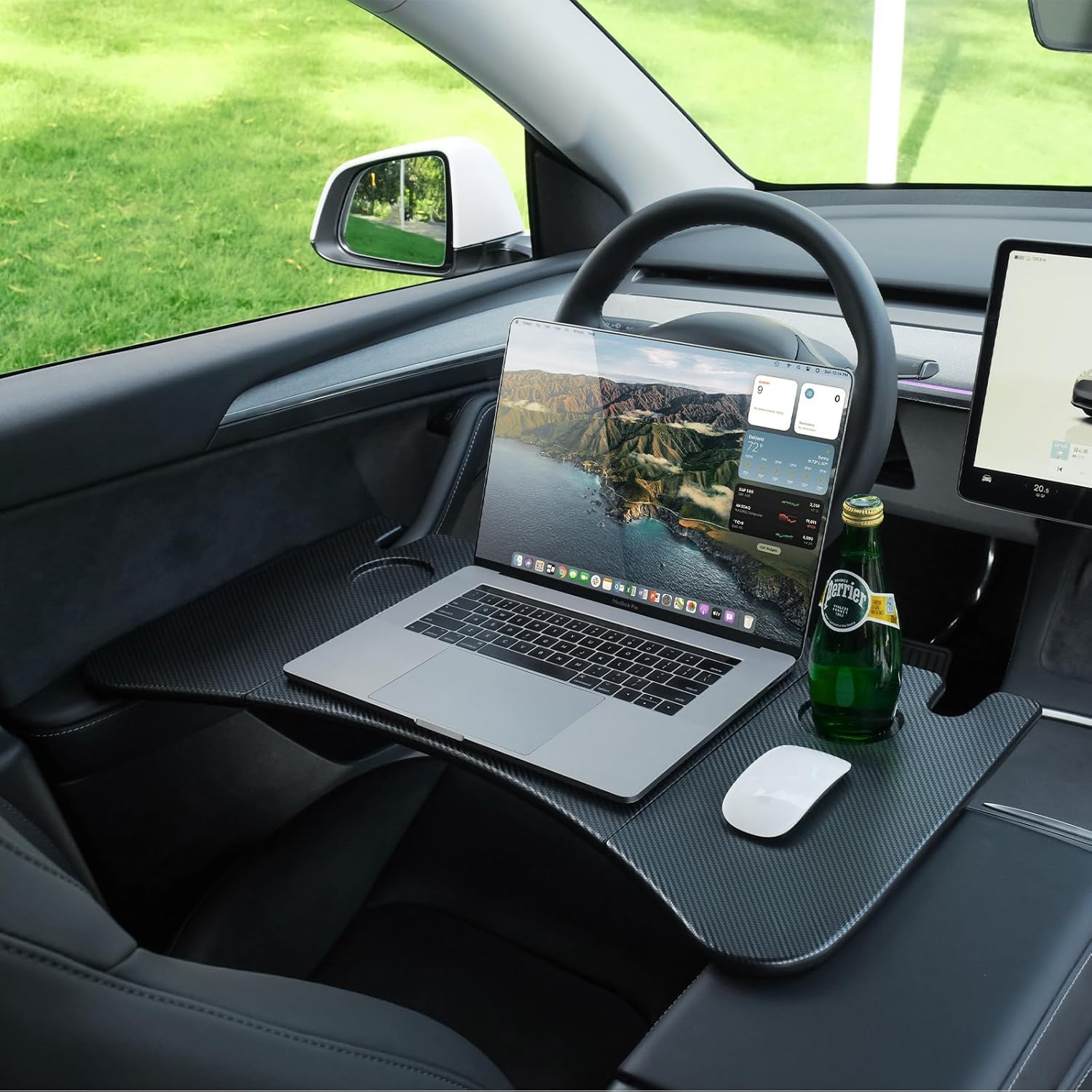 Tesstudio Foldable Desk Food Tray (Carbon Edition) for Tesla Model Y/3/S/X- Upgraded Table with Support Leg for Dining, in-Car Work, Travel and Outdoor