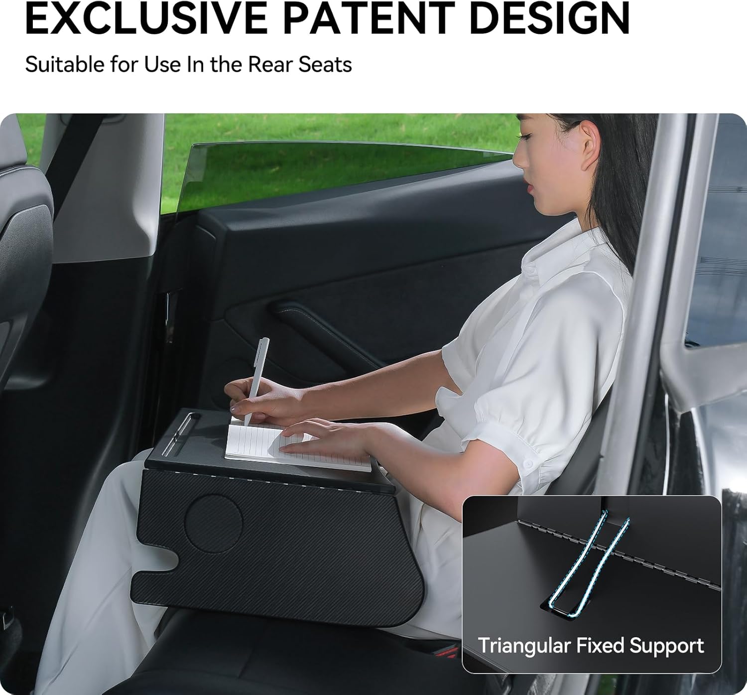 Tesstudio Foldable Desk Food Tray (Carbon Edition) for Tesla Model Y/3/S/X- Upgraded Table with Support Leg for Dining, in-Car Work, Travel and Outdoor