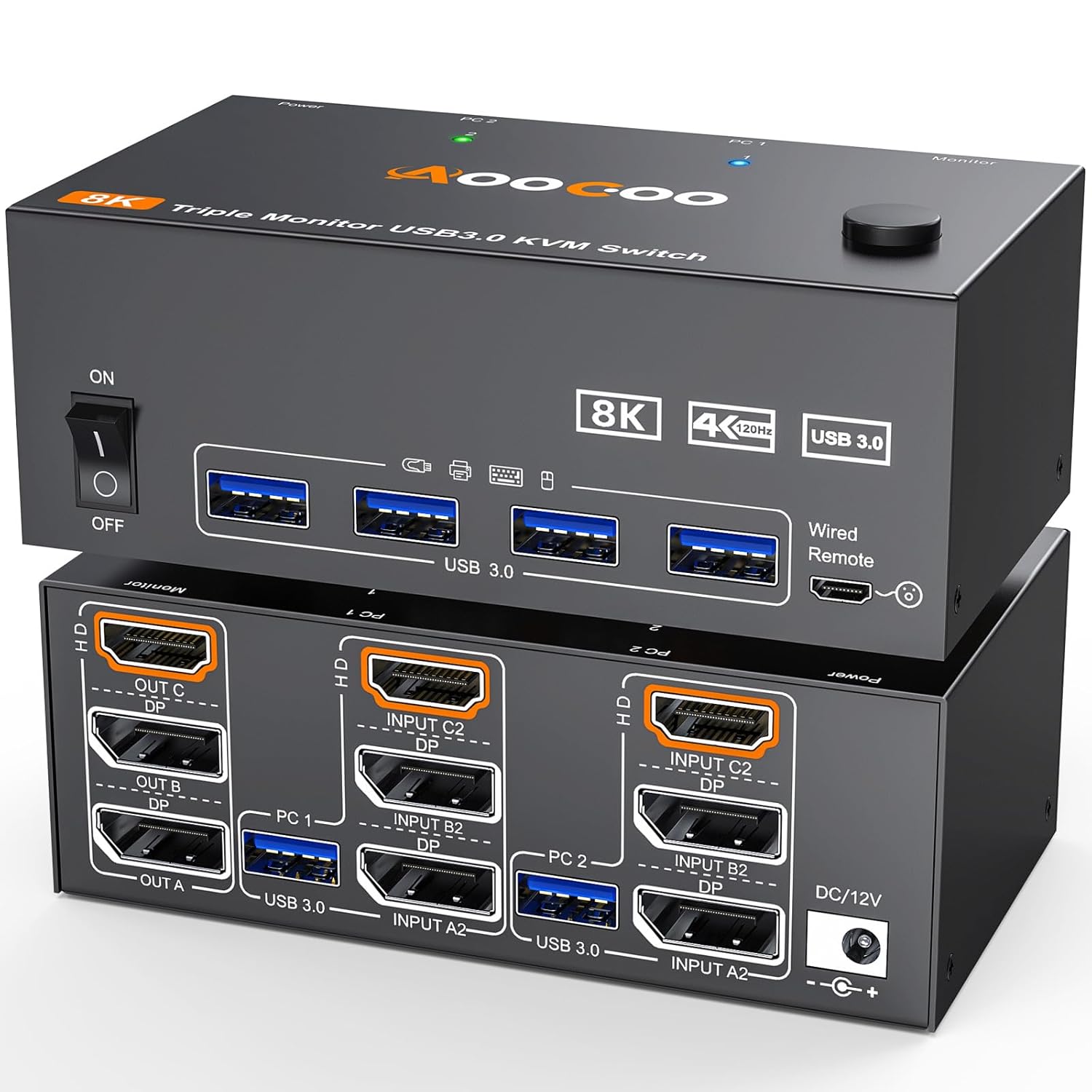 8K@60Hz HDMI 2.1 Triple Monitor KVM Switch — 3 Computers 3 Displays, 4K@144Hz Support, USB 3.0 Hub, Wired Remote, Power Adapter & USB 3.0 Cables Included