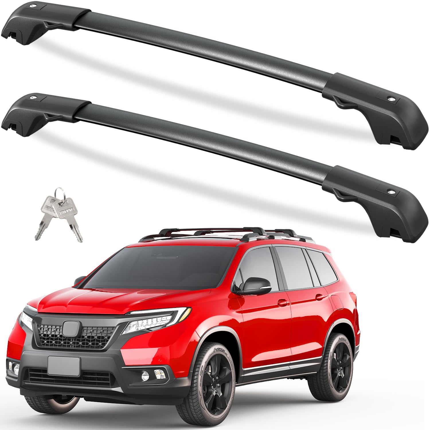 Roof rack cross bars — rubber pad wheel-spoke isolation
