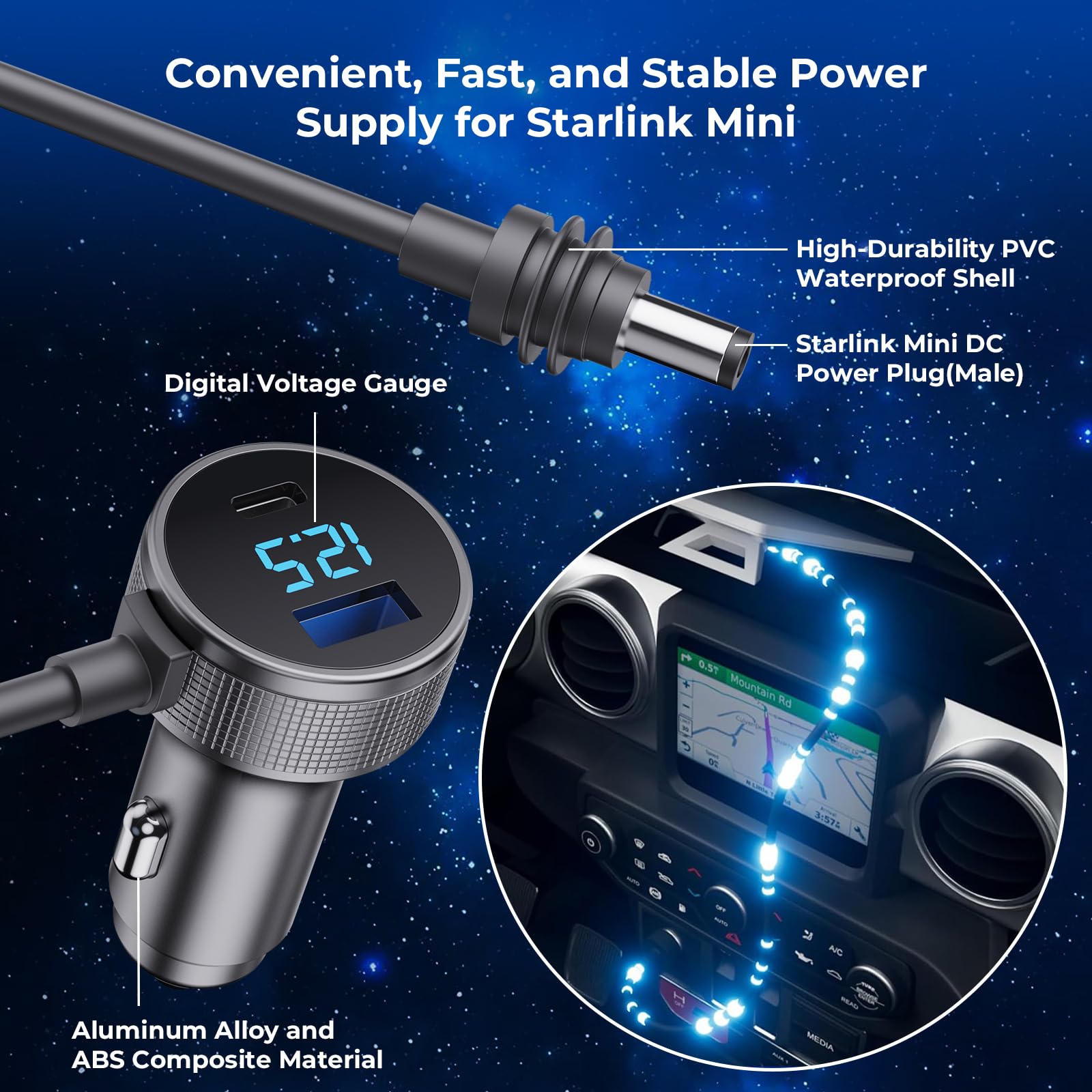 3 in 1 Starlink Mini Cable Car Charger DC Power Cable/Cigarette Lighter Adapter