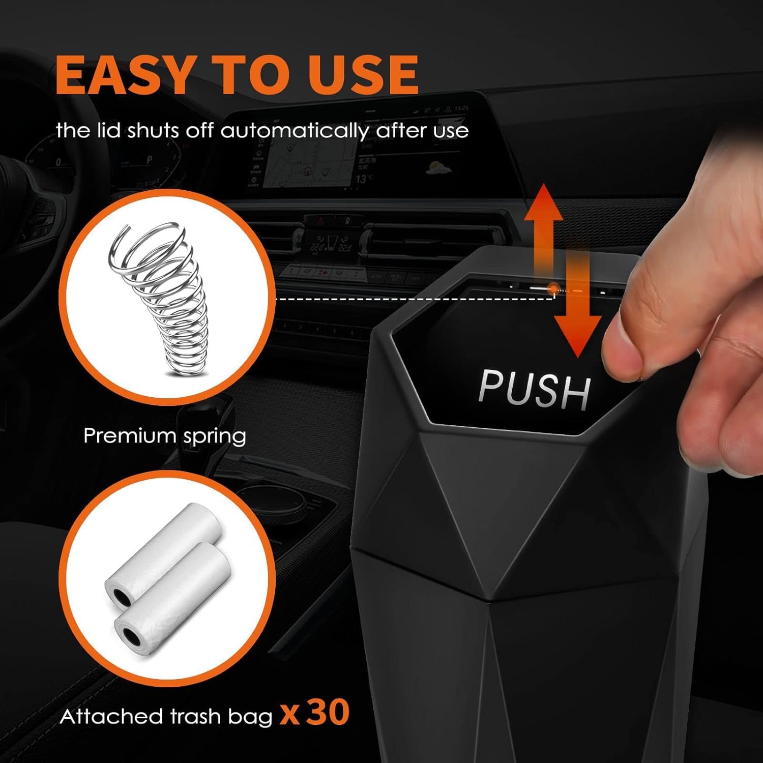 2026 Tesstudio Car Trash Can with Lid Car Accessories for Interior, Leakproof Vehicle Garbage Can with 30 Attached Trash Bags, Multipurpose Organizers and Storage for Home/Office