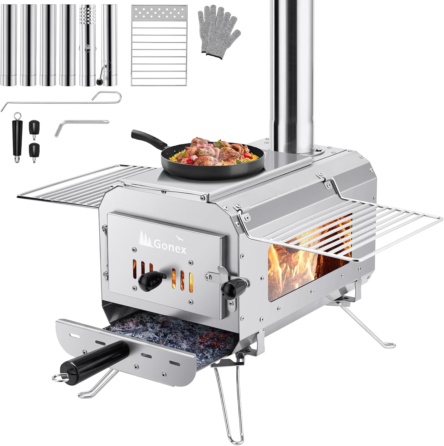 Portable Wood Burning Camping Stove with Ash Drawer & Large Firebox for Tent, Outdoor, Heating, Cooking, Ice Fishing