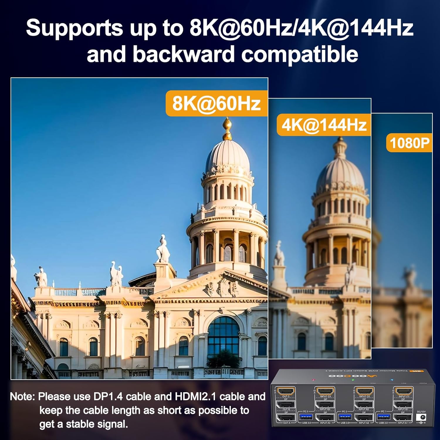 8K@60Hz HDMI 2.1 Triple Monitor KVM Switch — 3 Computers 3 Displays, 4K@144Hz Support, USB 3.0 Hub, Wired Remote, Power Adapter & USB 3.0 Cables Included