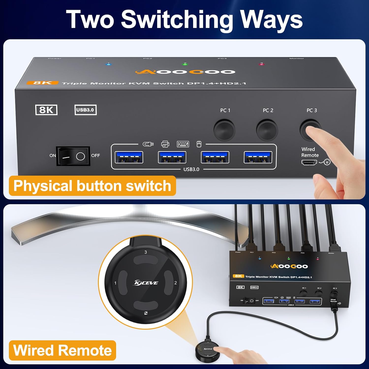 8K@60Hz HDMI 2.1 Triple Monitor KVM Switch — 3 Computers 3 Displays, 4K@144Hz Support, USB 3.0 Hub, Wired Remote, Power Adapter & USB 3.0 Cables Included