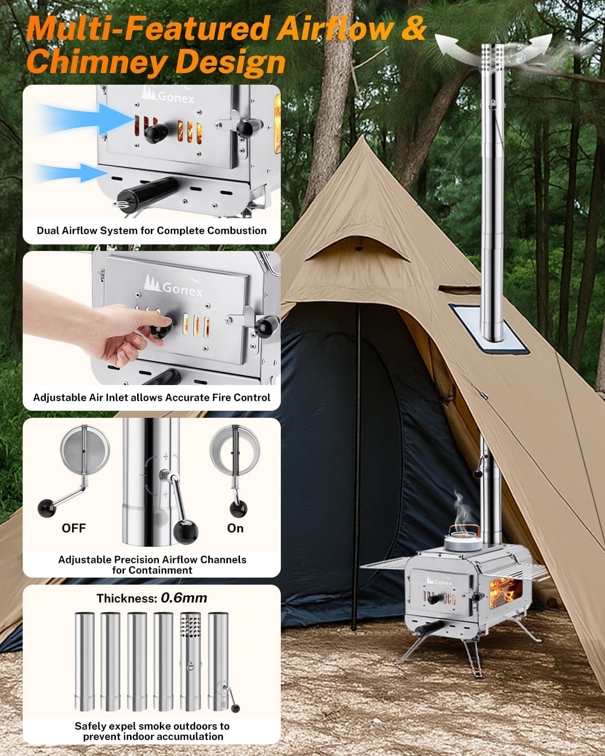 Portable Wood Burning Camping Stove with Ash Drawer & Large Firebox for Tent, Outdoor, Heating, Cooking, Ice Fishing