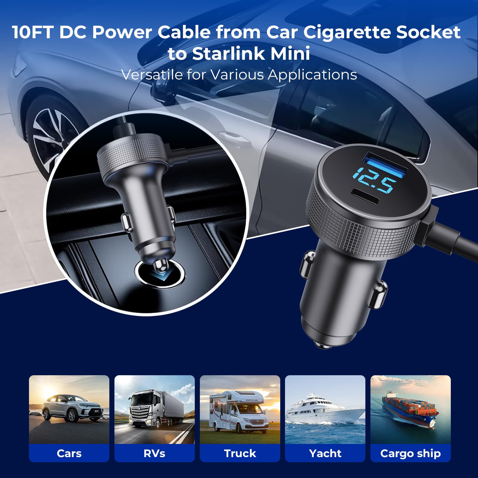 3 in 1 Starlink Mini Cable Car Charger DC Power Cable/Cigarette Lighter Adapter