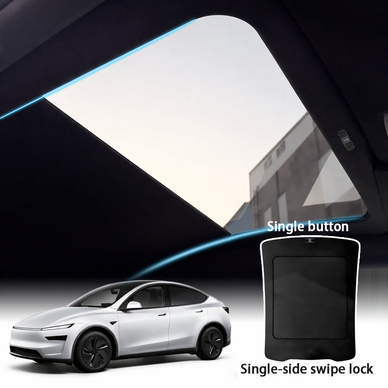 Tesla Model Y Juniper voice control sunshade closed position with light passing through